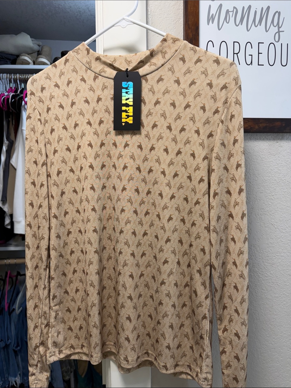 NWT Beige Long-Sleeve Women’s Shirt with Bucking Bull Pattern